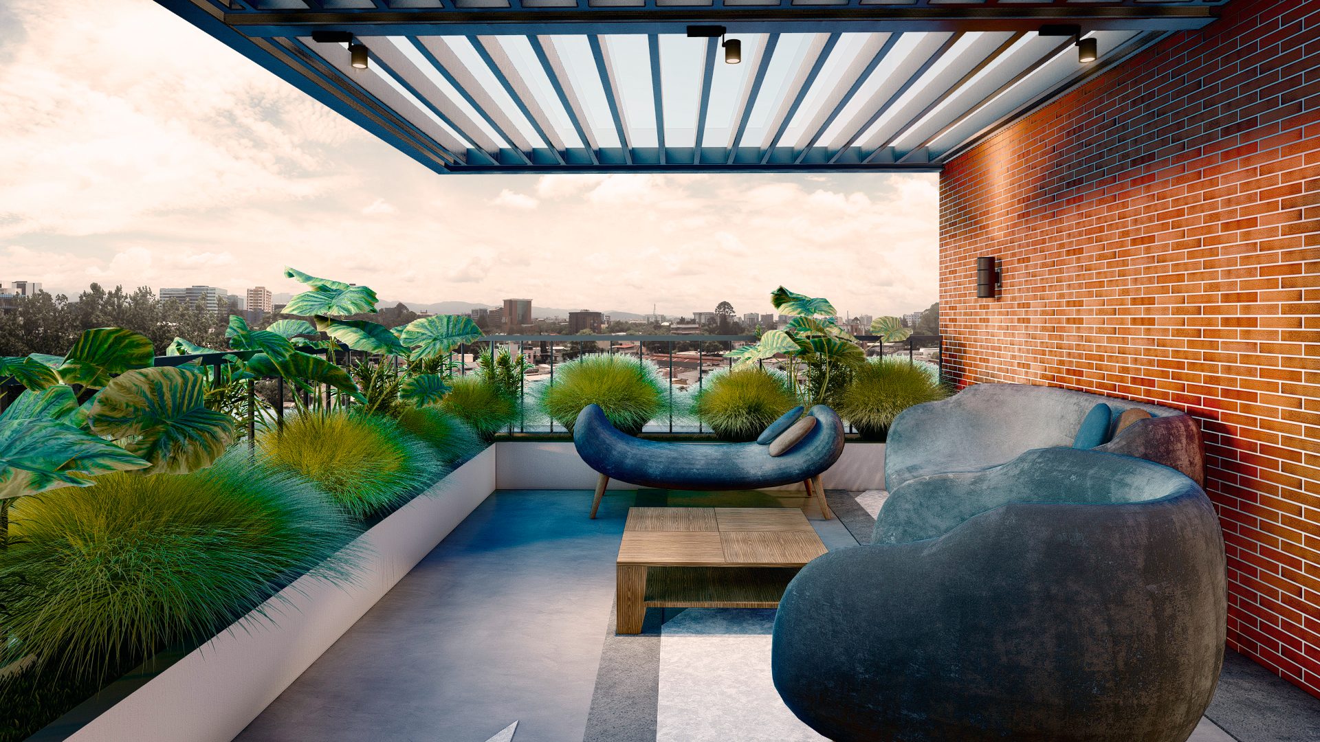 Terraza social de InHaus con jardineras y vista a la ciudad