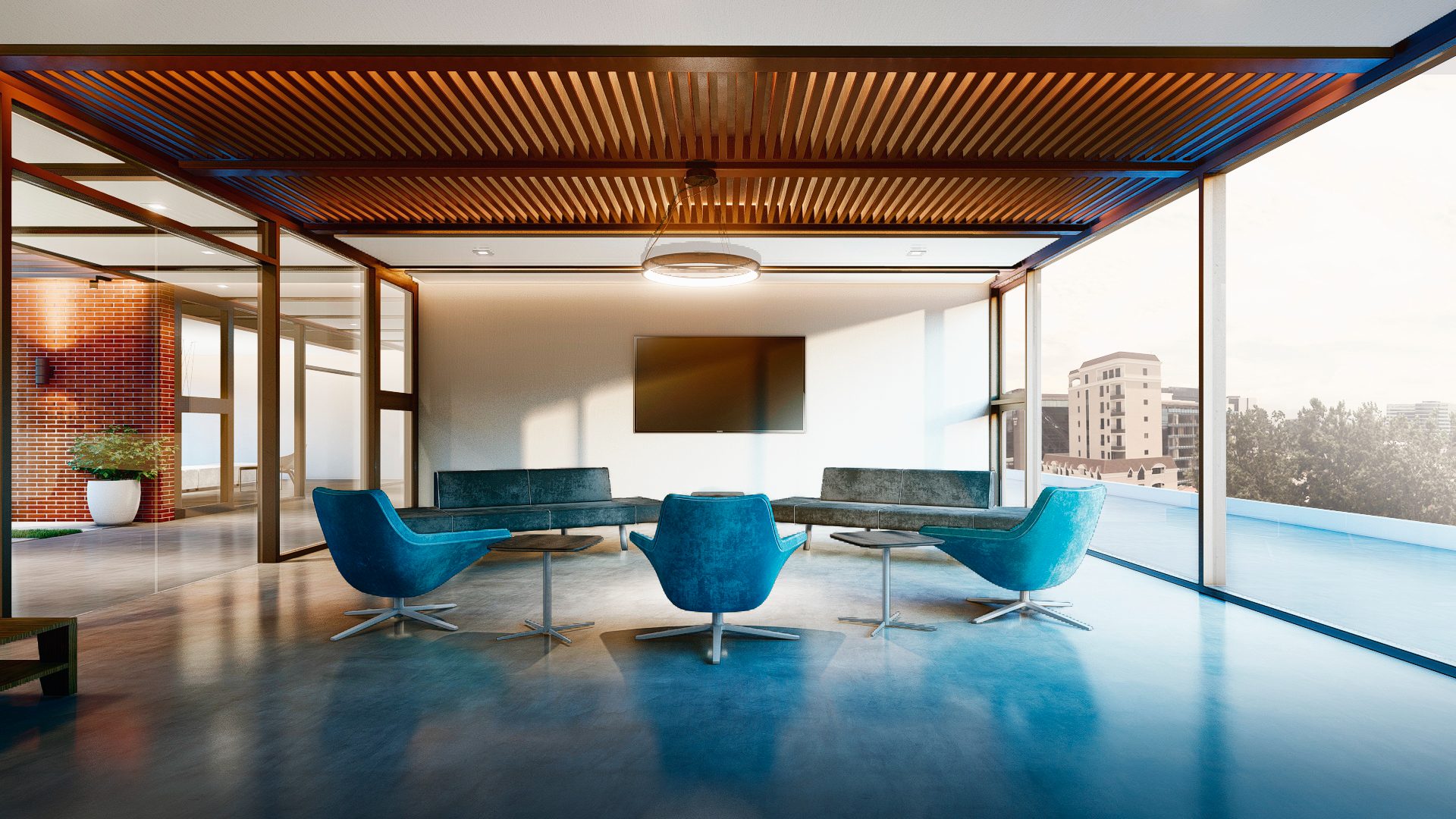 Salón social con TV y vista en InHaus