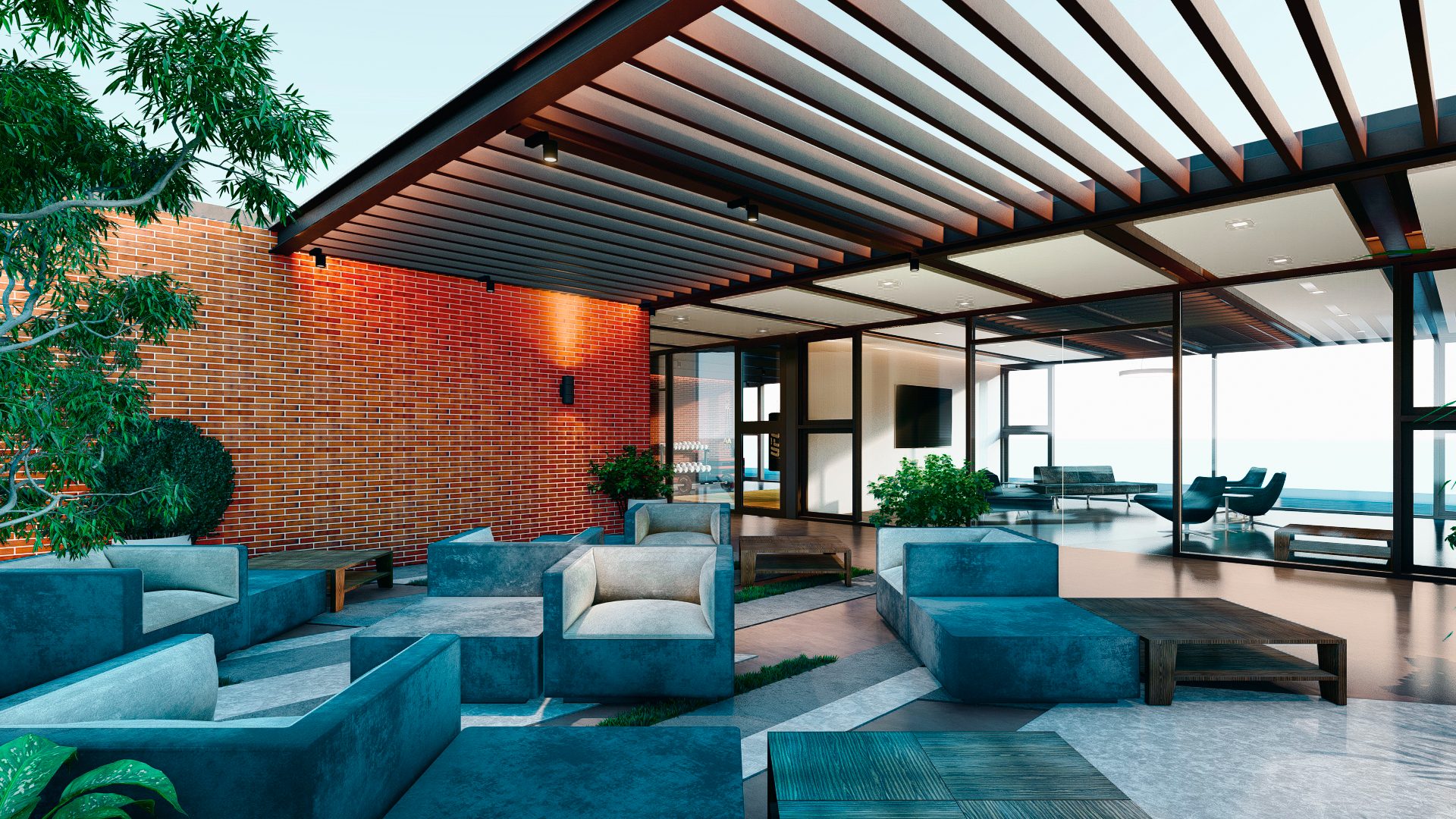 Lounge exterior bajo pérgola en la terraza de InHaus