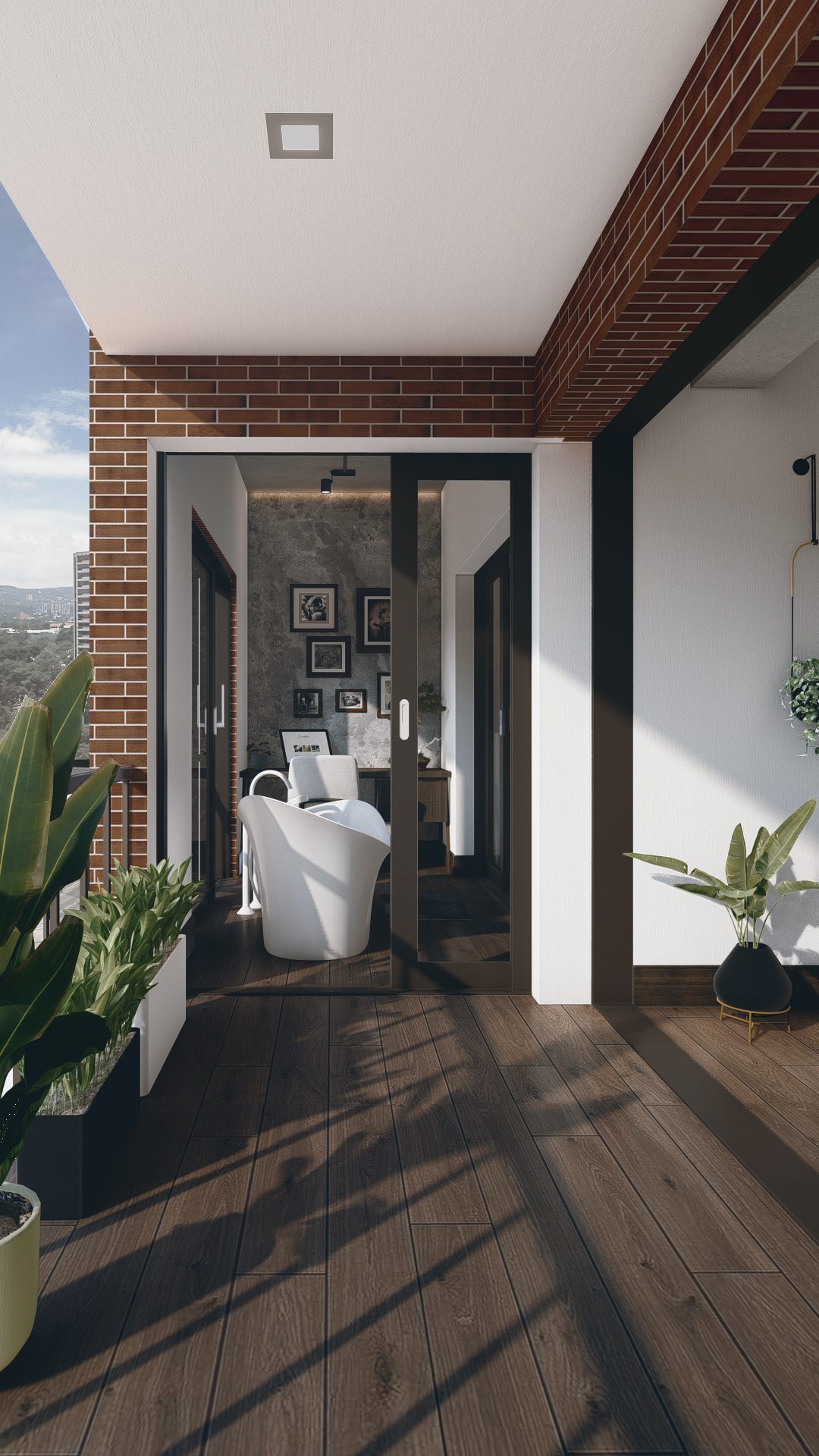Terraza propia con piso de madera y vista a la ciudad