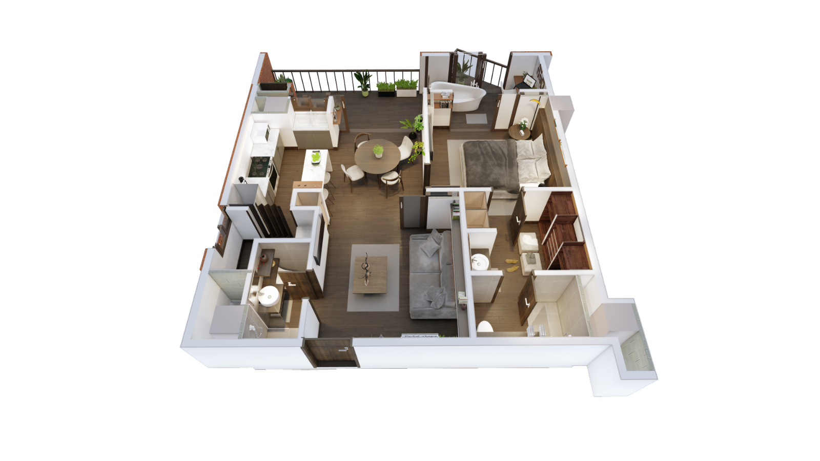 Plano de planta 3D del apartamento de 78 m² de InHaus con sala, cocina, dormitorio, baños y terraza